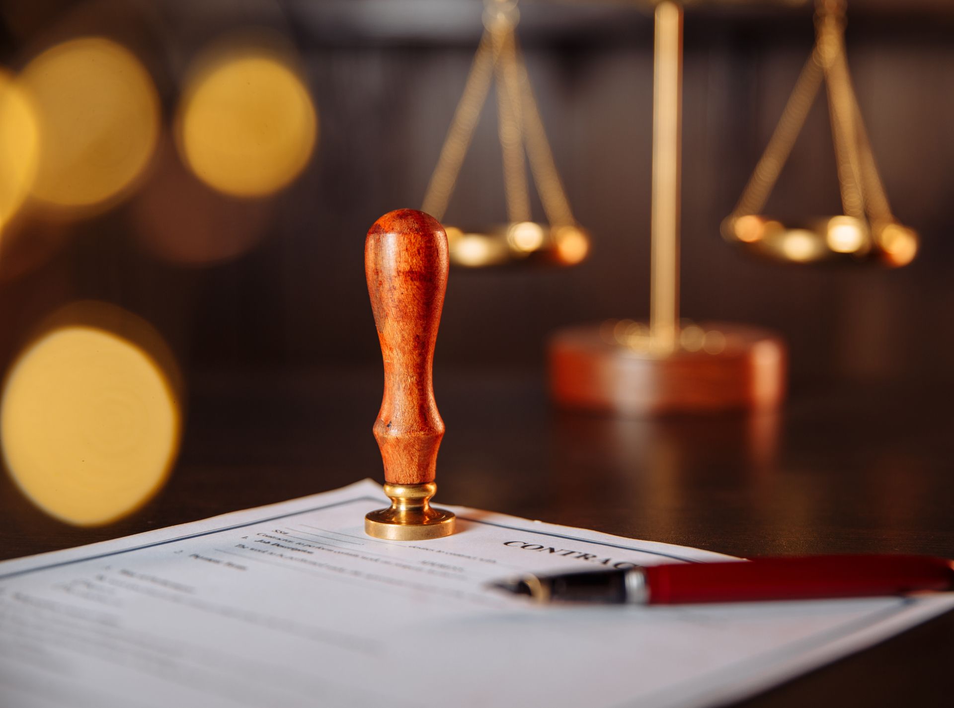 Judge’s wooden stamp on paperwork with scales of justice in the background