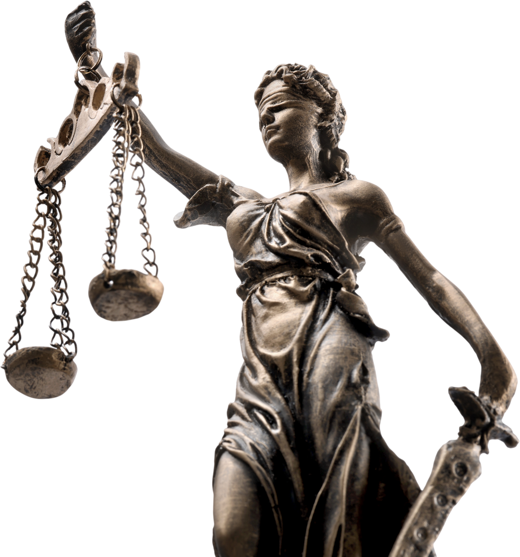 Bronze Lady Justice statue holding scales and sword, symbolizing law and fairness