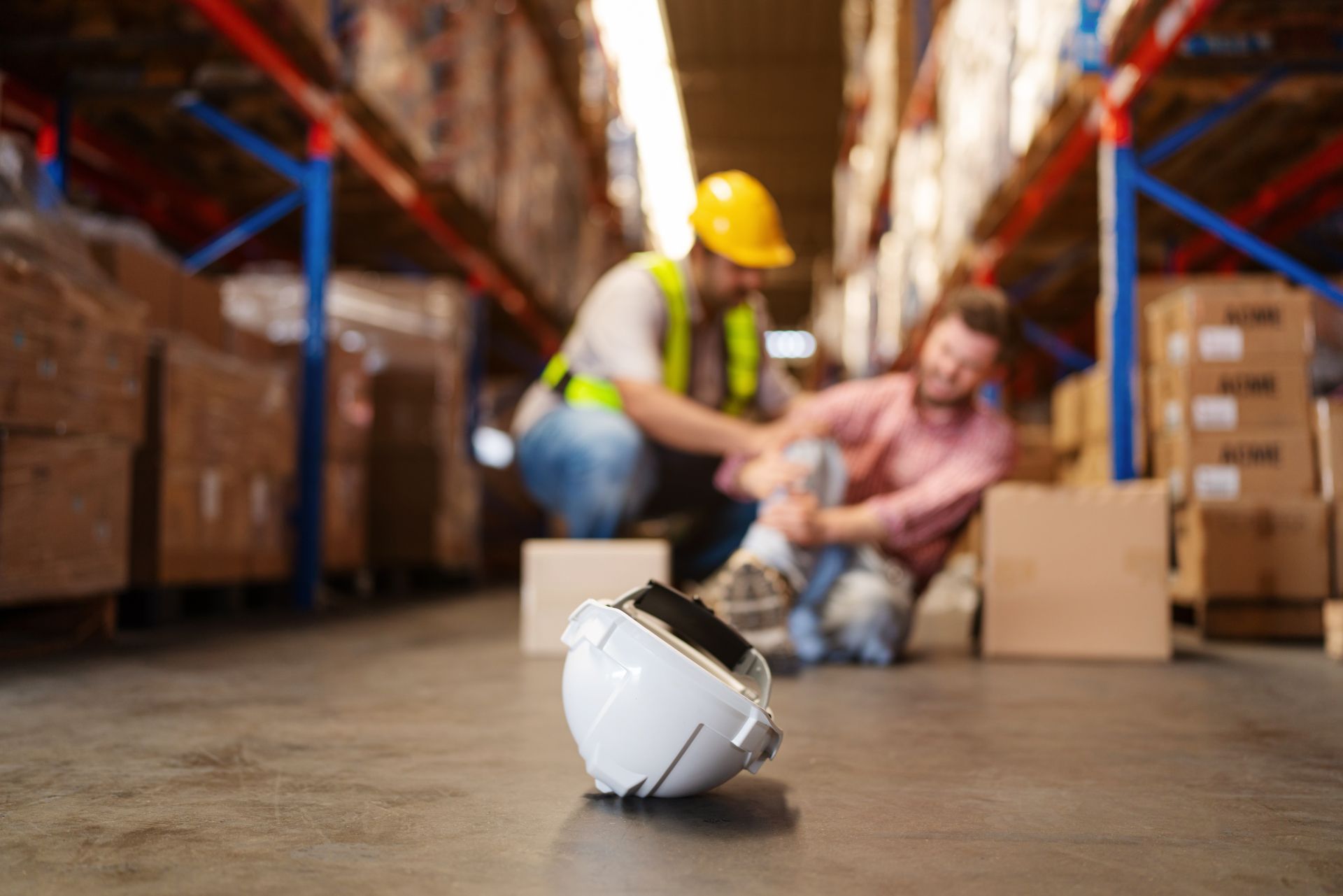 Worker in a warehouse helping an injured person beside a fallen hard hat