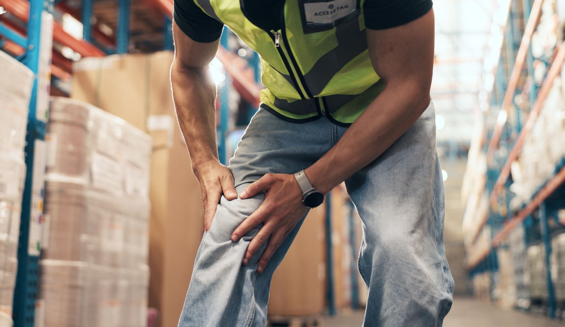 Worker in a warehouse clutching an injured knee, wearing a safety vest and smartwatch.