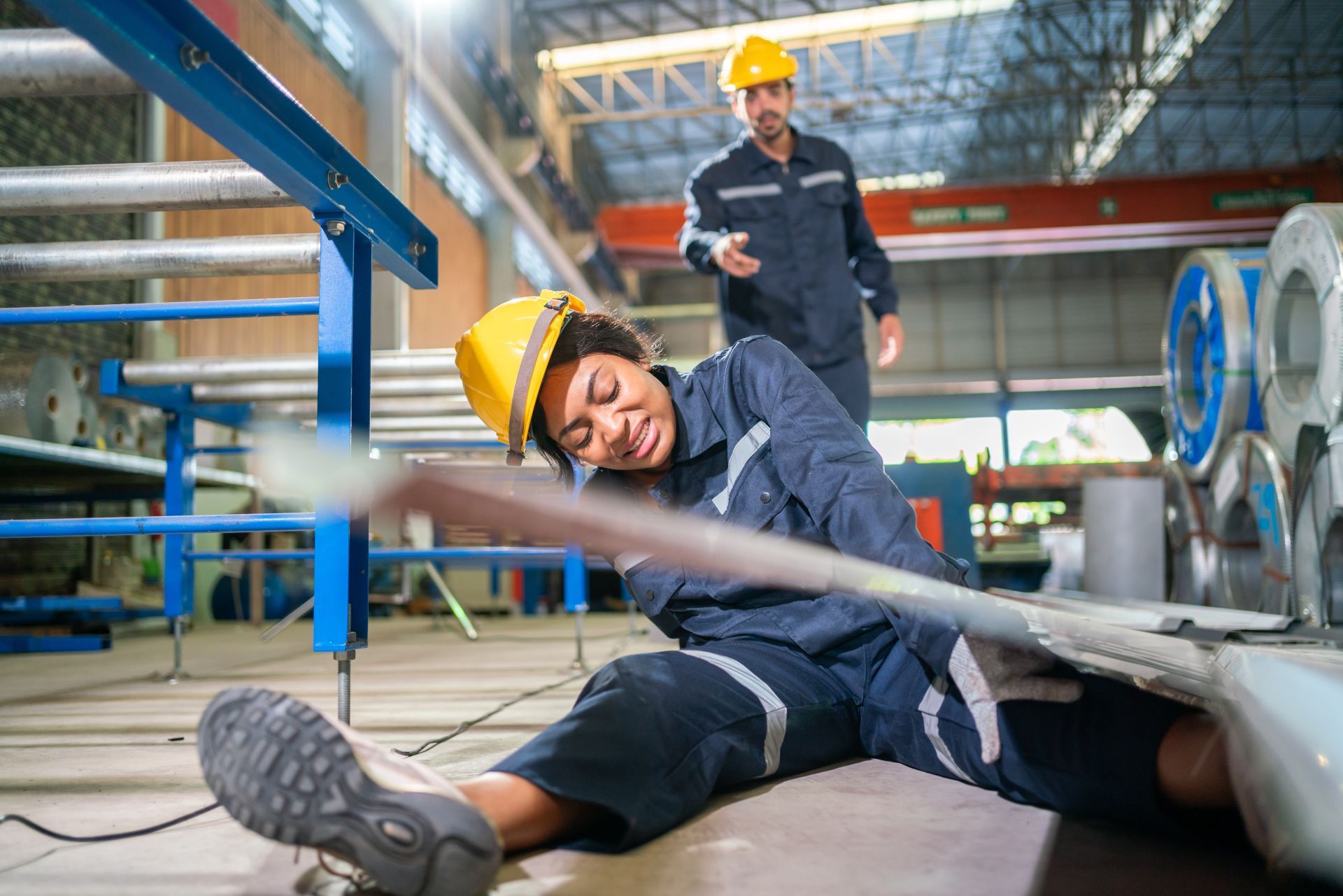 Worker on factory floor tangled in a cable while a colleague looks on.
