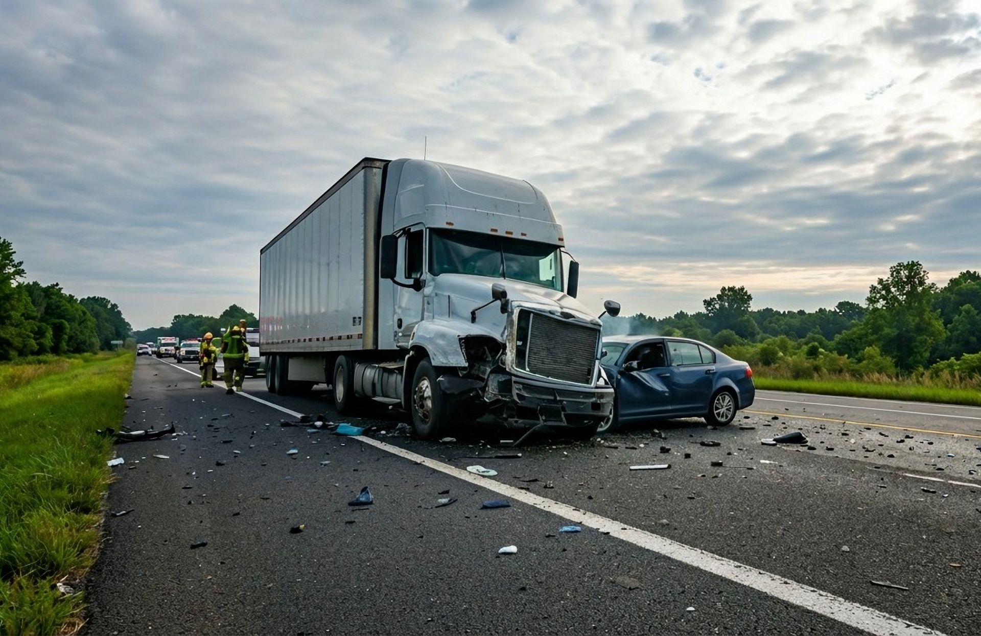 Truck and car wreck on highway with debris scattered across the road