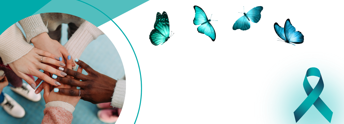 A group of people are putting their hands together in a circle with butterflies and a blue ribbon.