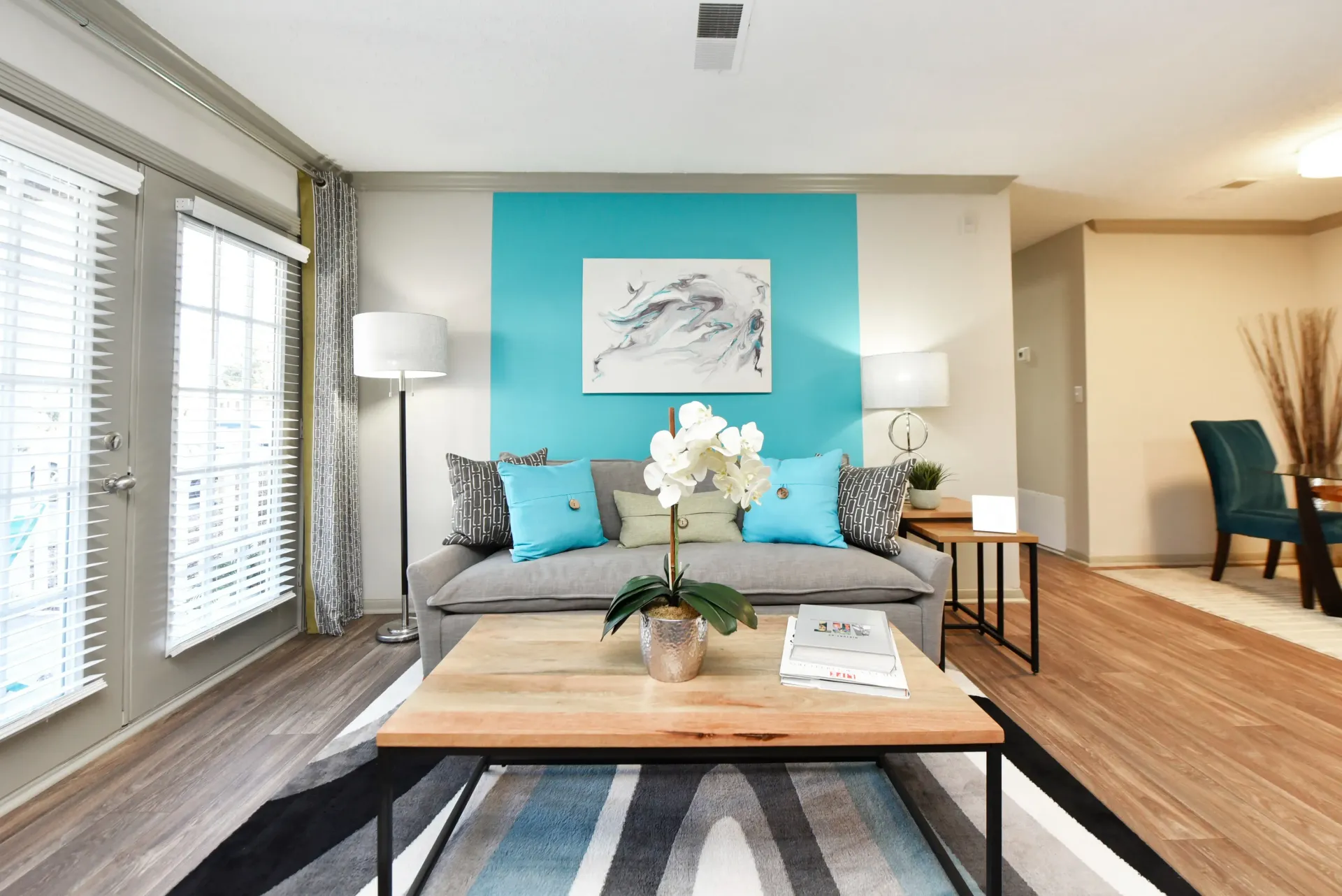 A furnished living room with a couch and a coffee table in West Knoxville, TN