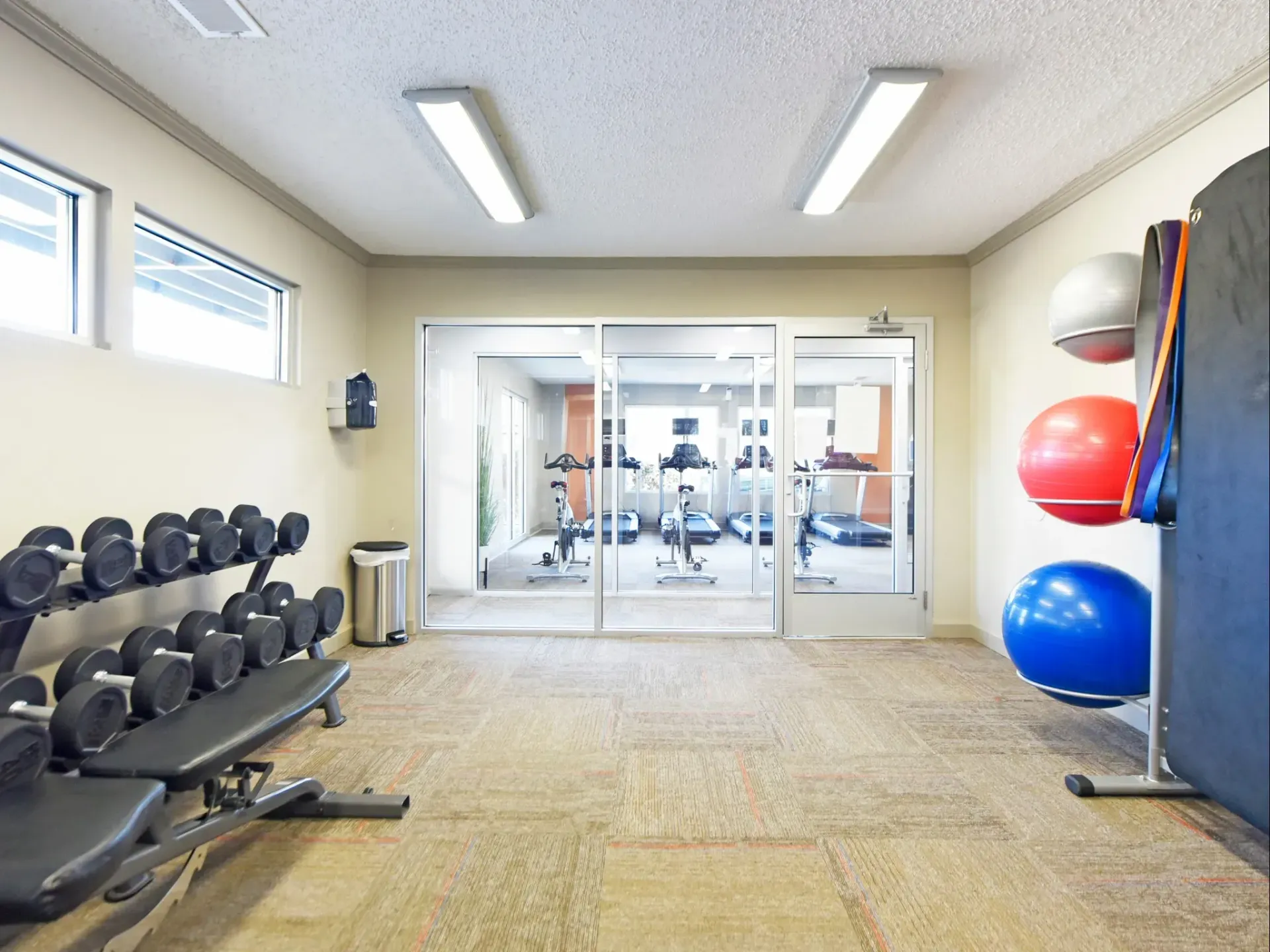 A gym with dumbbells and exercise balls lining the walls in West Knoxville, TN apartment