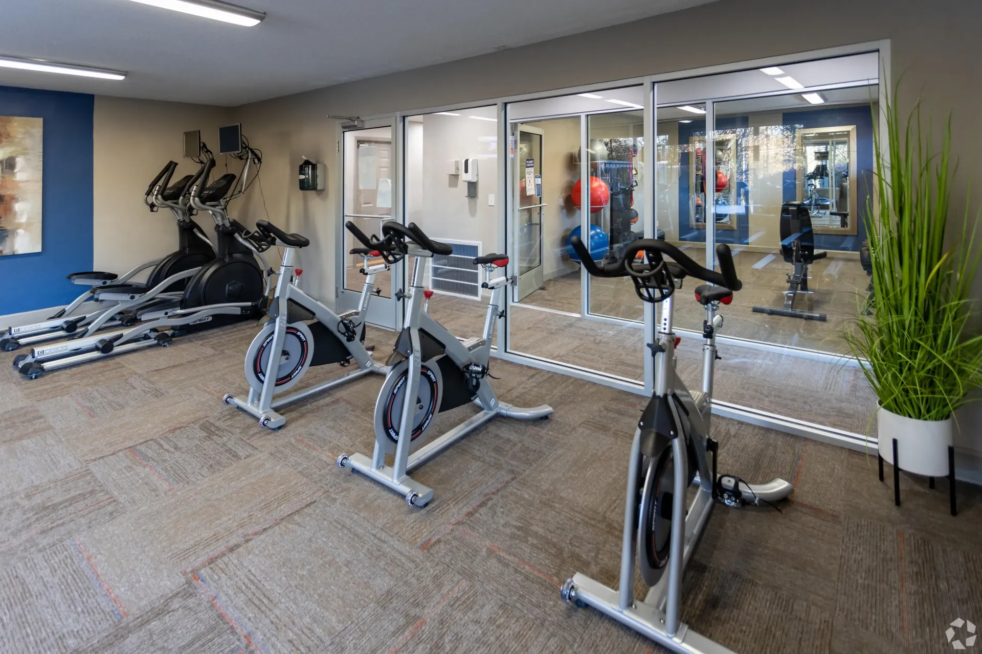A gym with a lot of exercise bikes and a large mirror in West Knoxville, TN apartment