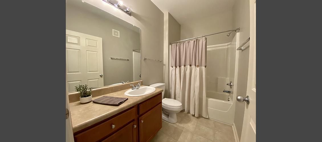 A bathroom with a sink , toilet , shower and mirror.