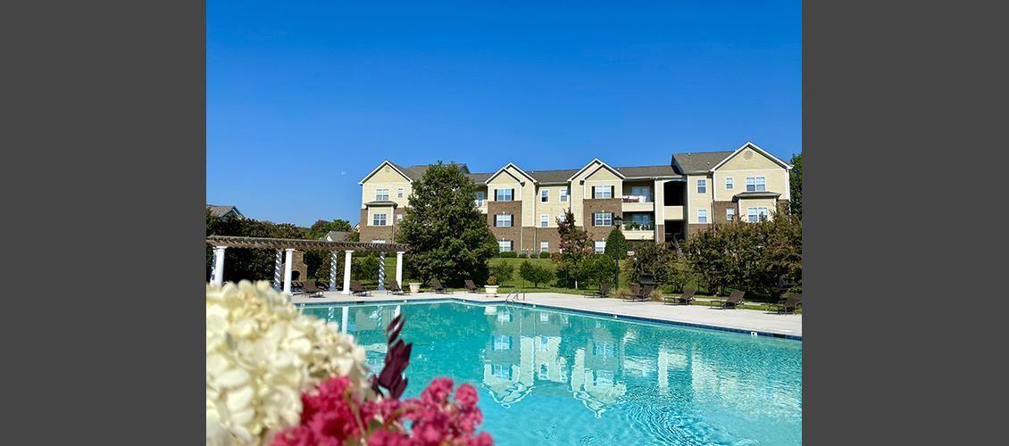 A large swimming pool with a building in the background and flowers in the foreground.
