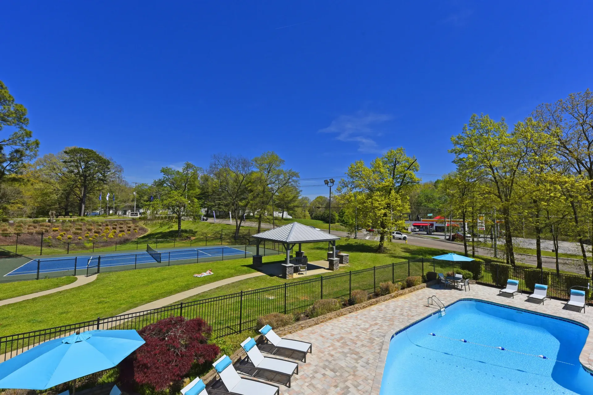 A large swimming pool surrounded by chairs and umbrellas on a sunny day West Knoxville, TN apartment