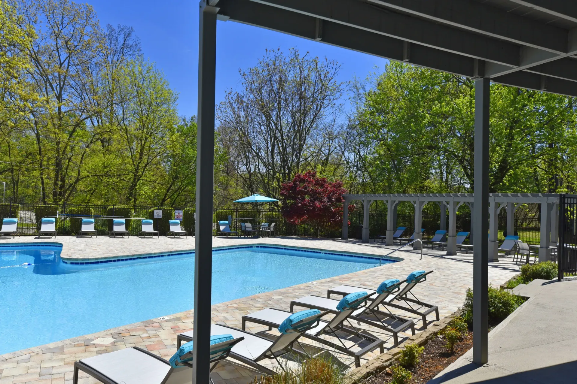 A large swimming pool with a pergola and chairs around it in West Knoxville
