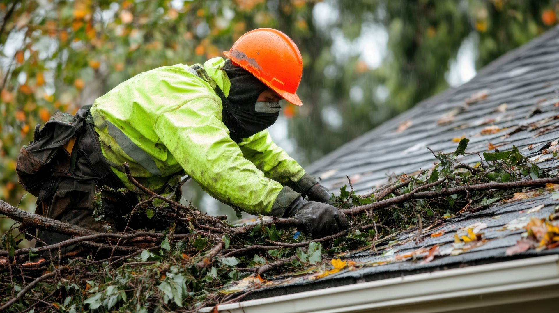 A roofer in a sturdy hat and hi-vis jacket clearing branches off a shingle roof.