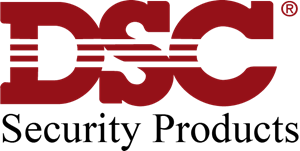 Logo de DSC Security Products en bordeaux avec les lettres DSC et le slogan « Produits de sécurité ».