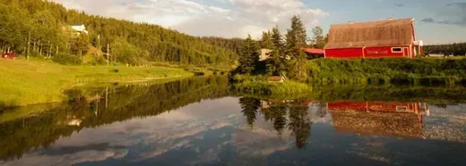 a red barn is reflected in the water of a lake surrounded by trees .