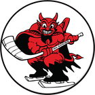 Red devil mascot skating on ice, holding a hockey stick on a red circular logo