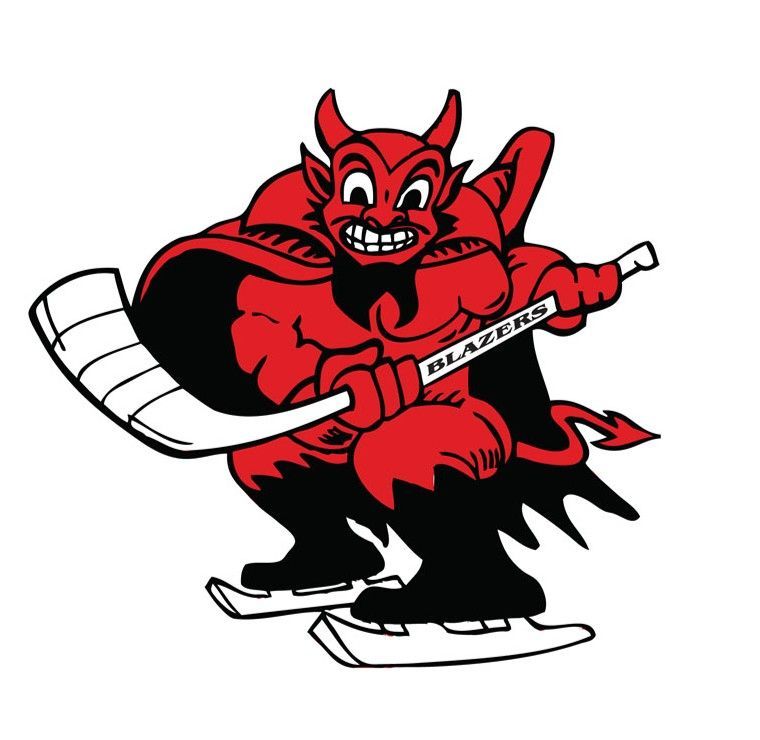 Red devil hockey mascot in black skates, holding a white stick and puck, grinning