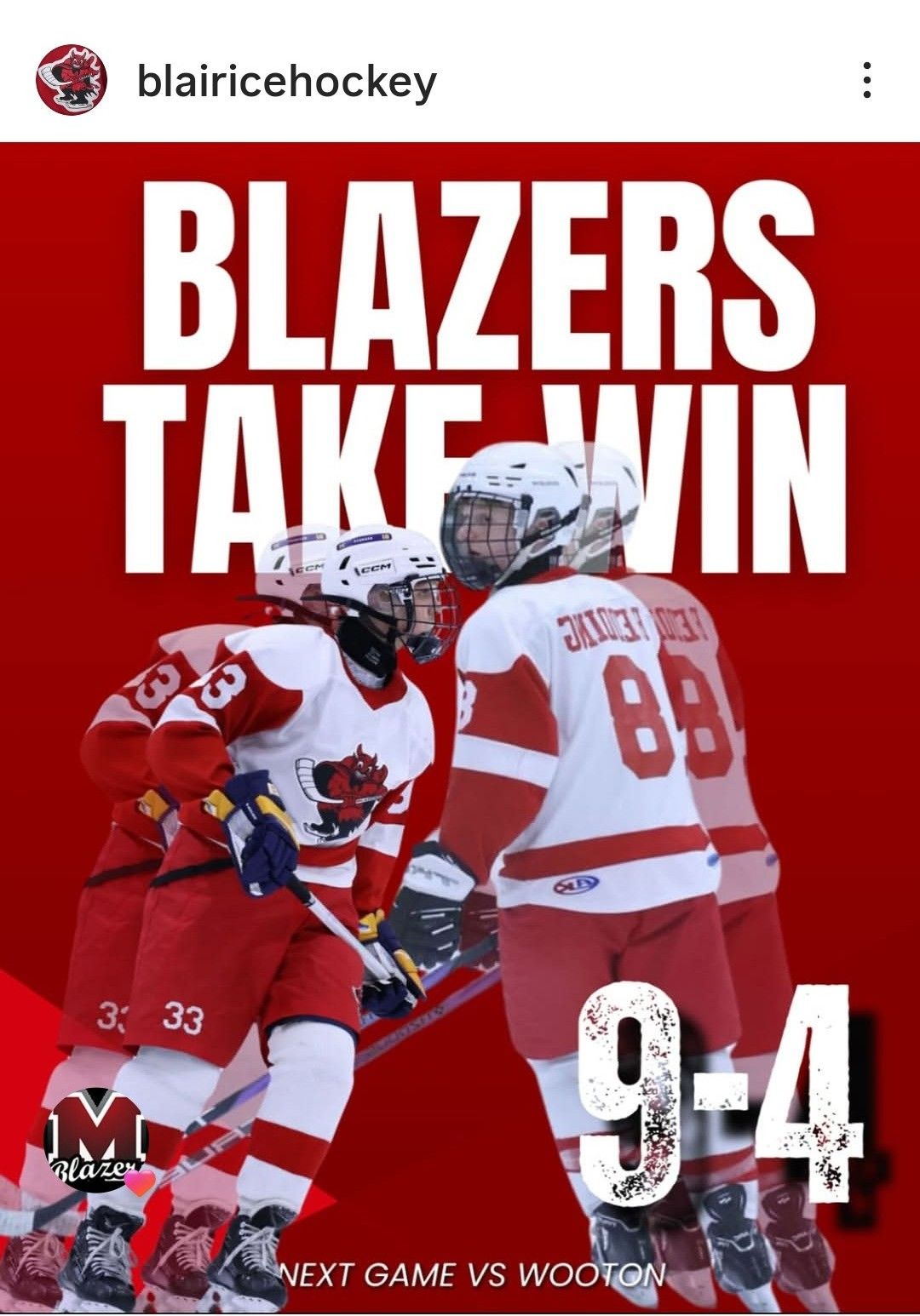 Blazers hockey players in red celebrate a 9-4 win, with bold “BLAZERS TAKE WIN” text.