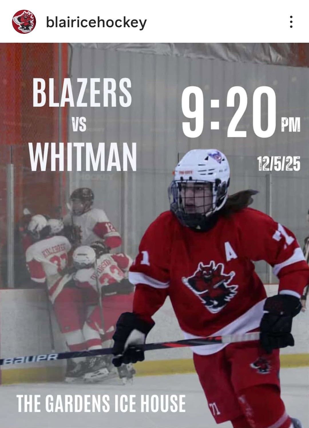 Blazers vs Whitman hockey poster with red-clad player at The Gardens Ice House, 9:20 PM, 12/15/25