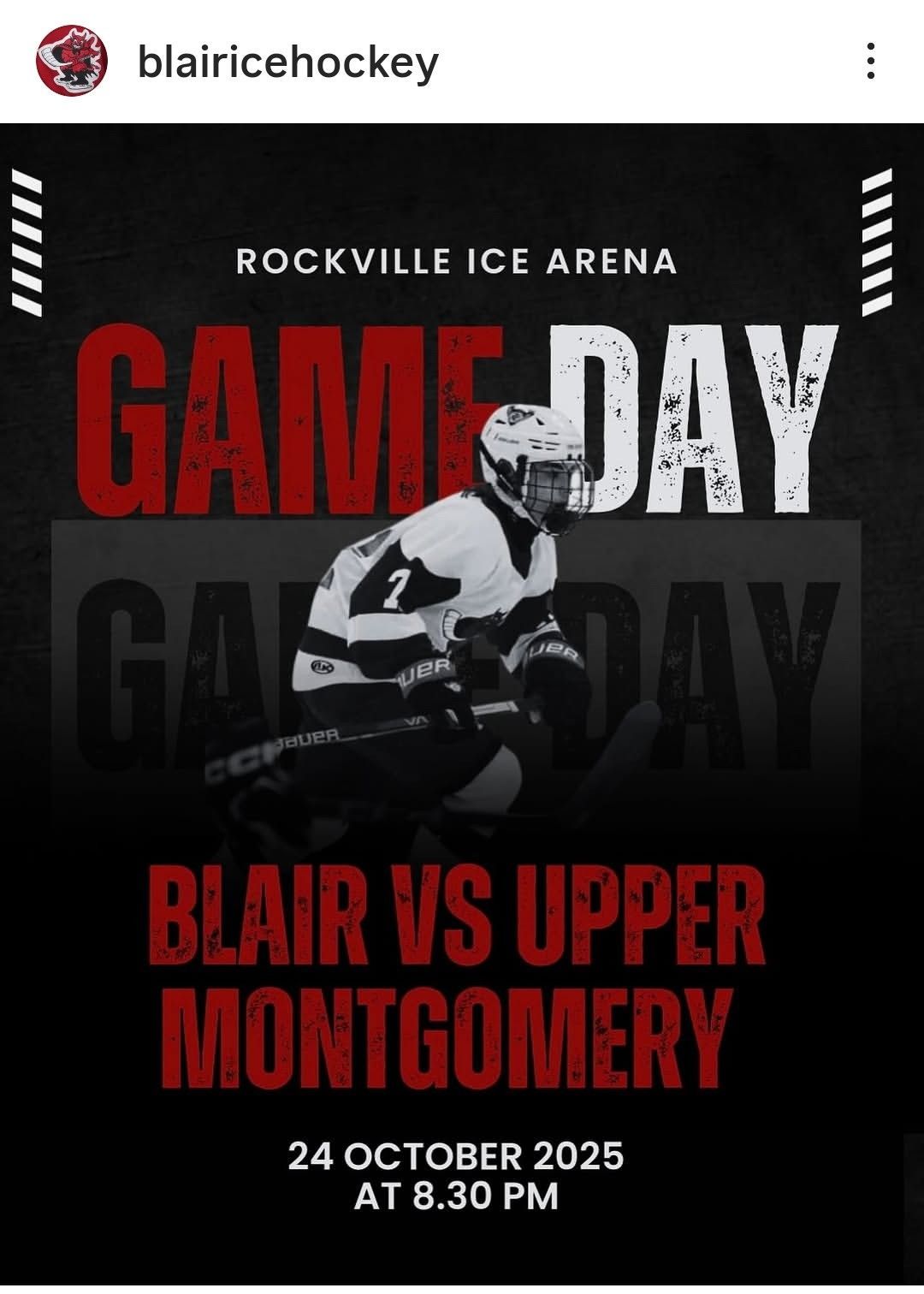 Game day poster for Blair vs Upper Montgomery at Rockville Ice Arena, October 24, 2025.