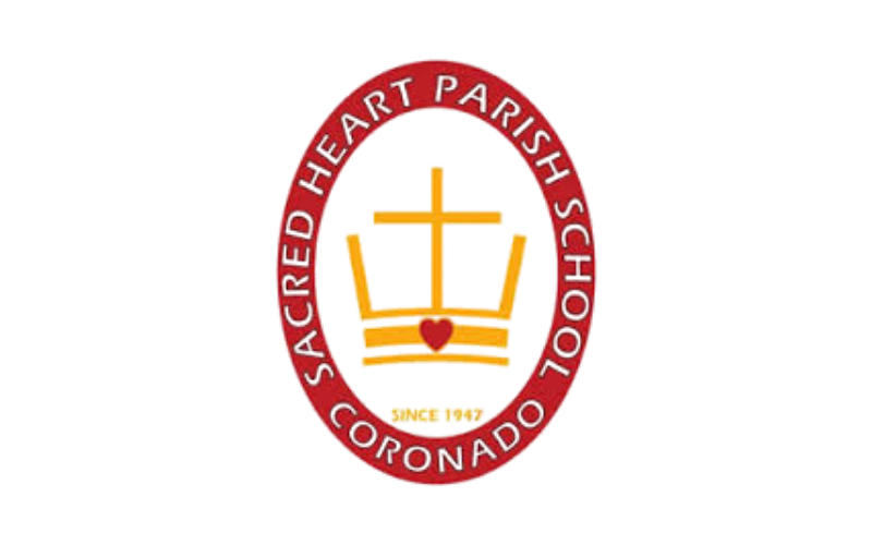 Sacred Heart Parish School Coronado logo with gold cross inside a red oval seal