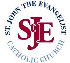 St. John the Evangelist Catholic Church logo with red SJE letters and circular blue text on white background