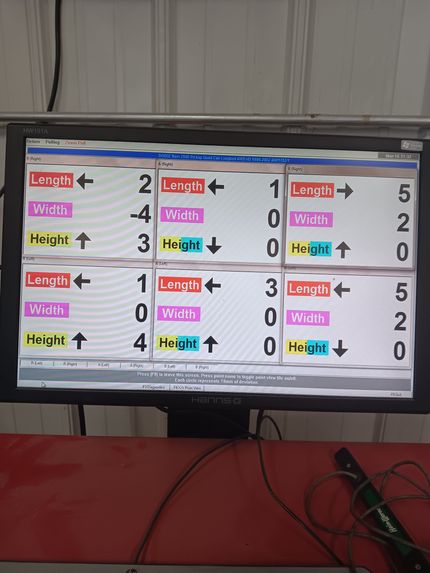 Whiteboard with handwritten strength scores and arrows for length, width, and height in red, blue, green, and black.