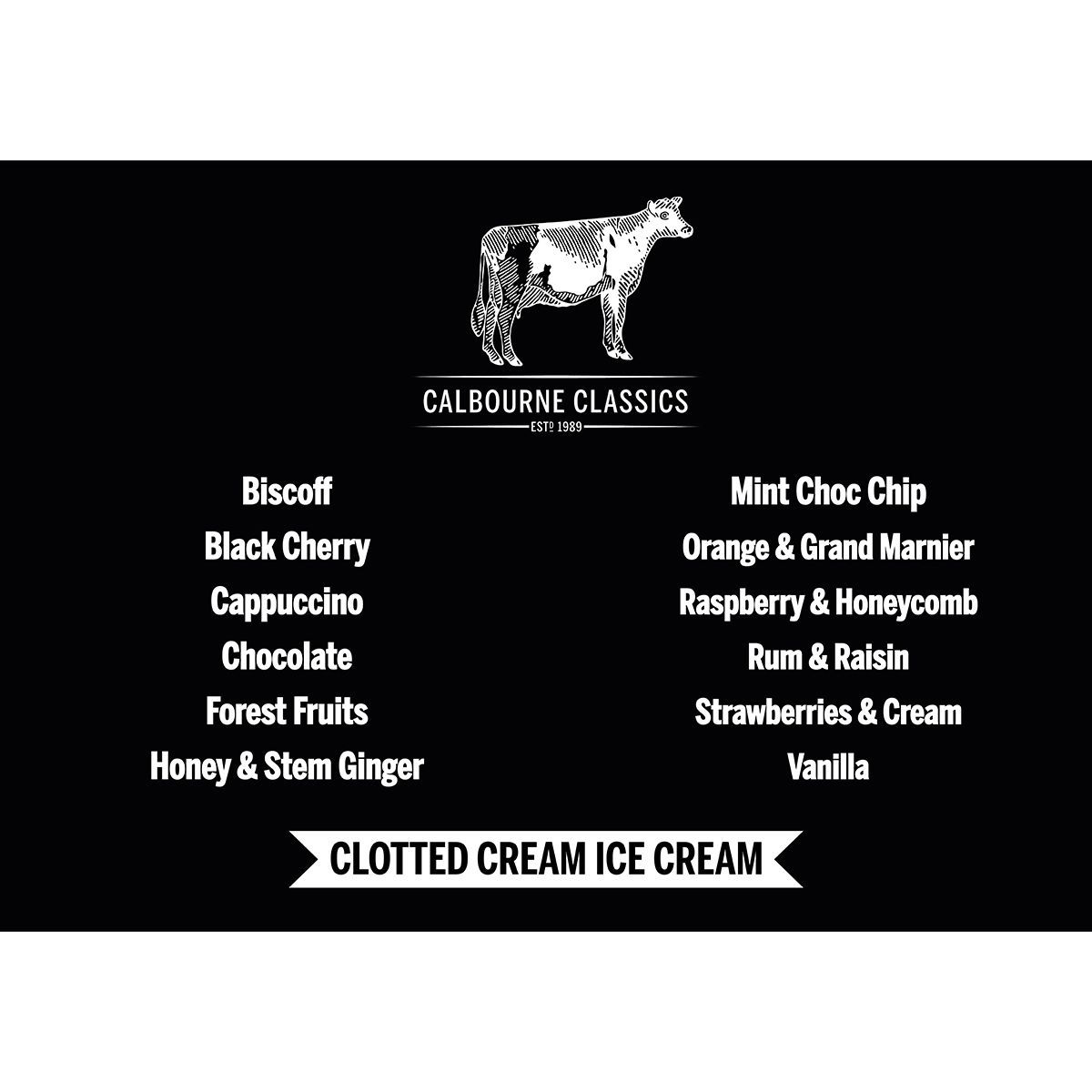 Black menu with ice cream flavors listed, cow illustration at top,