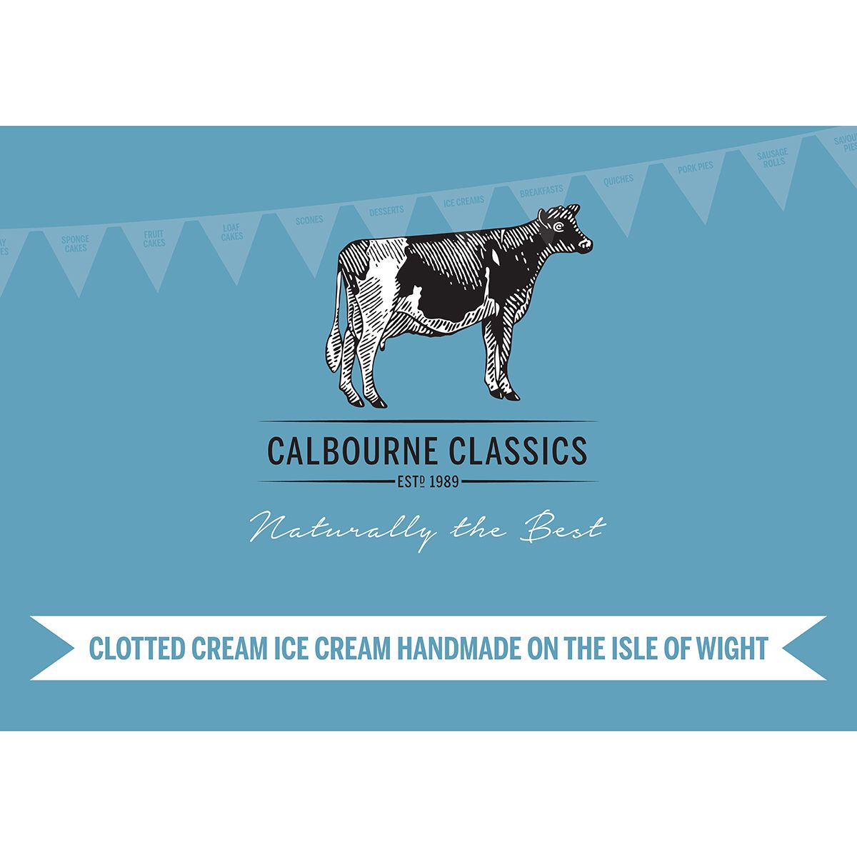 Calbourne Classics ice cream label: cow illustration, blue background, text