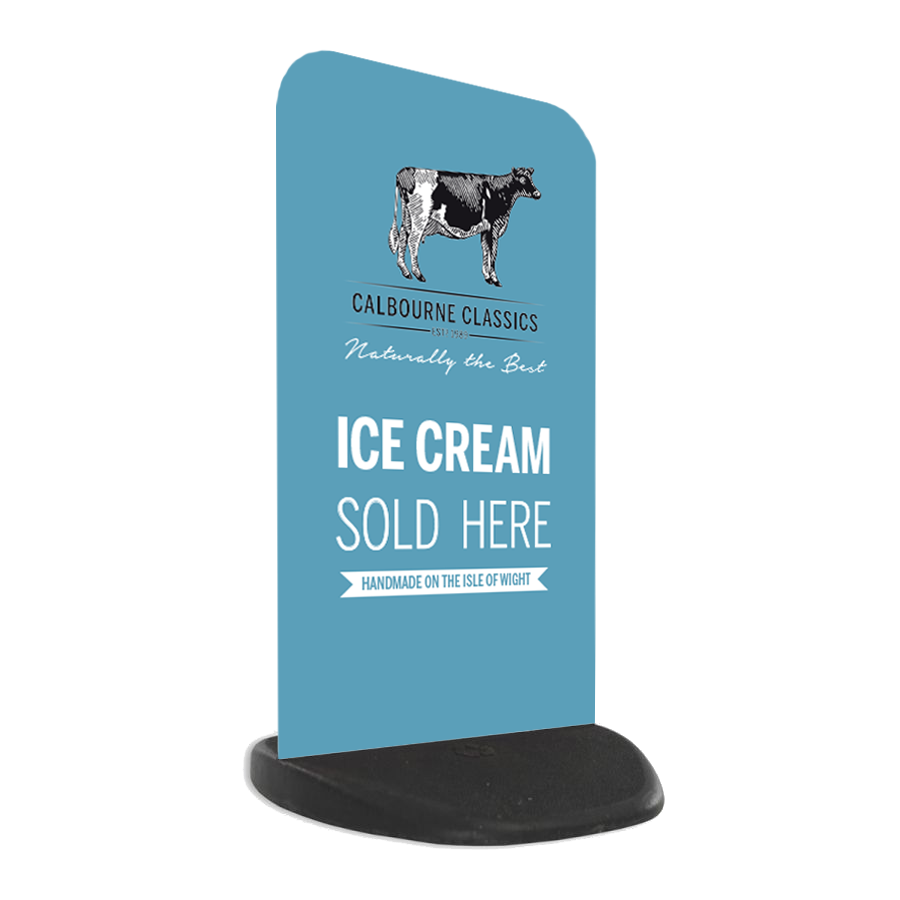 Tabletop sign advertising ice cream, featuring a cow illustration and the text
