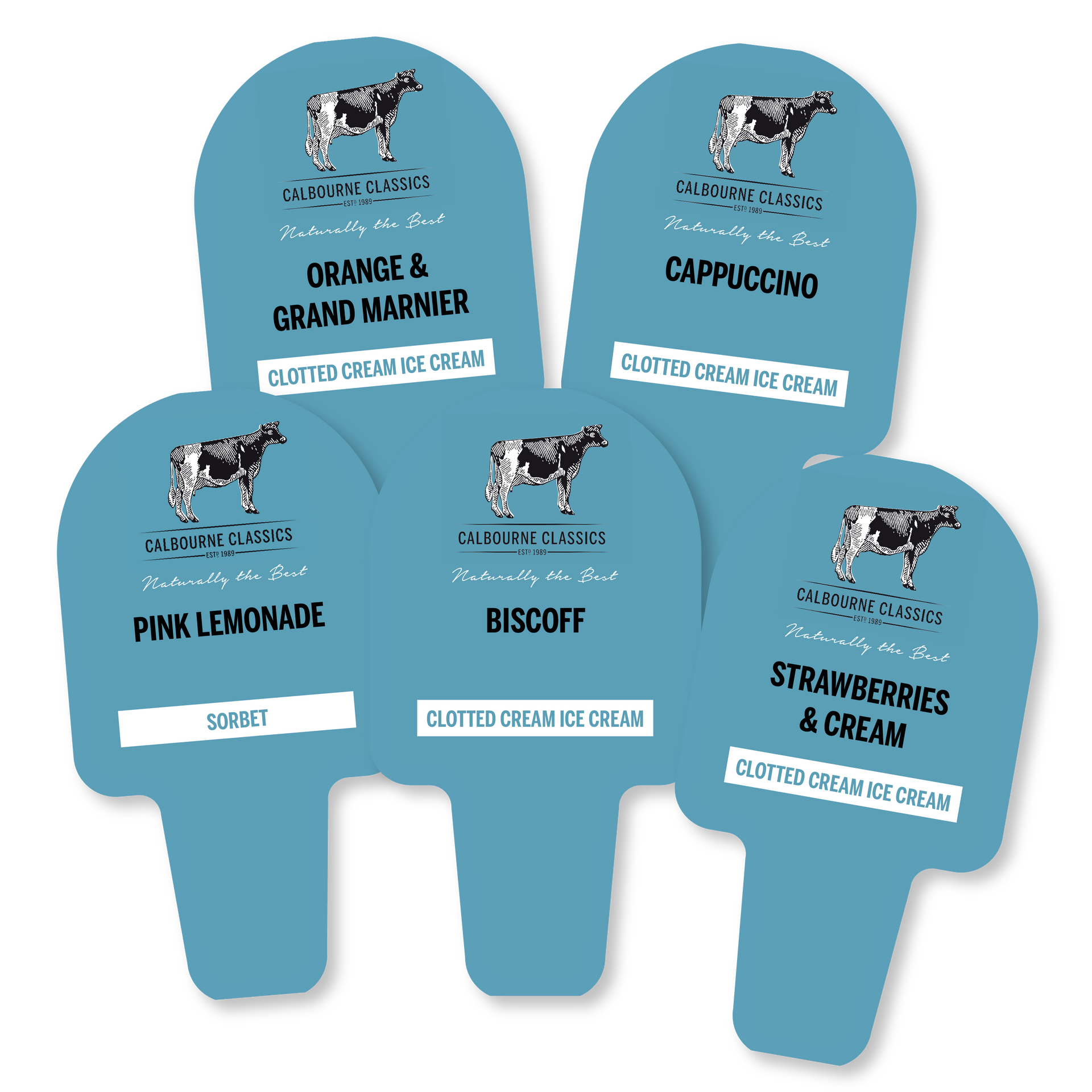 Five blue ice cream flavor signs with cow logo: Orange, Cappuccino, Pink Lemonade, Biscoff, Strawberries.