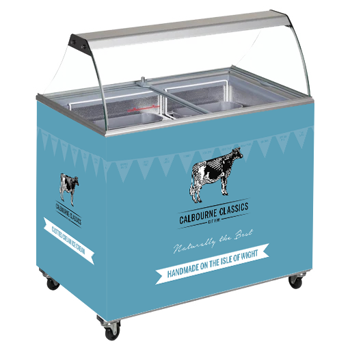 Ice cream cart with blue exterior, glass top, and a cow graphic.