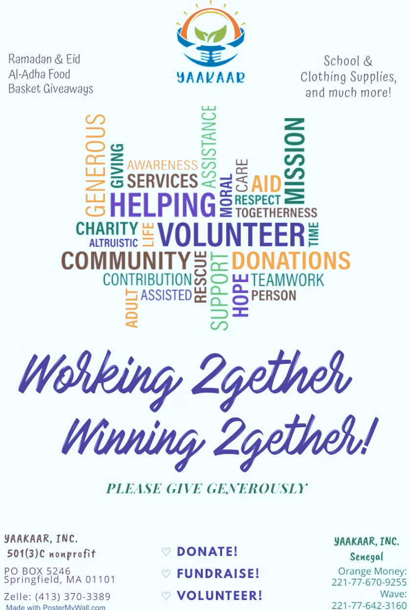 Volunteer recruitment poster with blue and green text cloud reading “Working Together, Winning Together!”