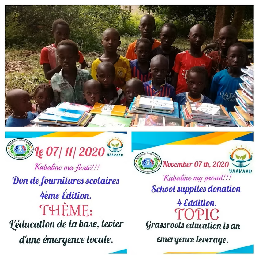 School donation poster showing children with supplies, French text, and event details about education and support