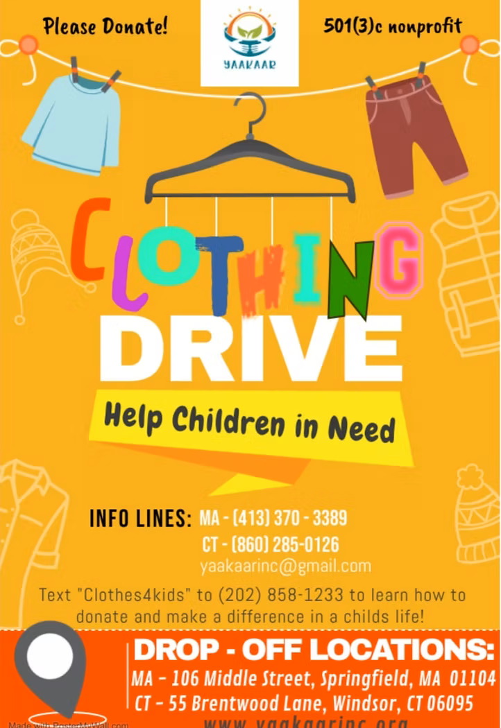 Colorful flyer for a clothing drive to help children in need, with donation info and drop-off locations.