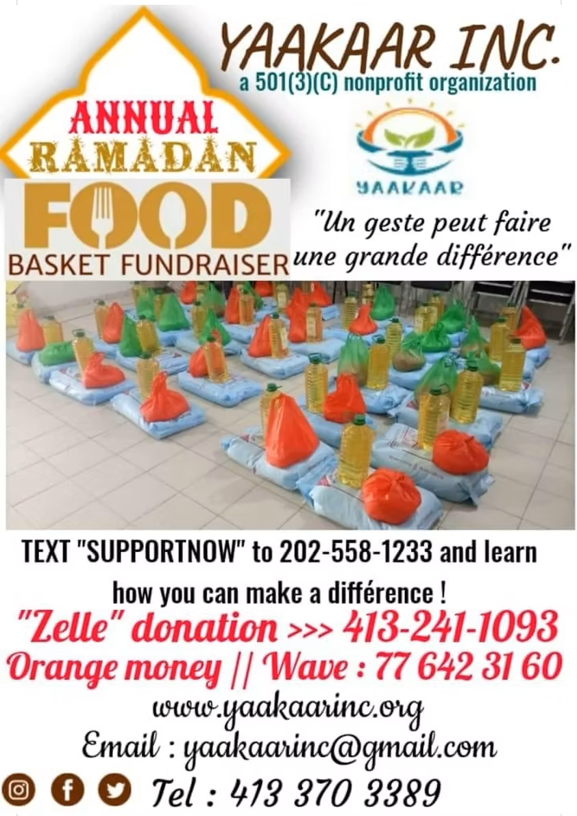 Annual Ramadan food basket fundraiser flyer with baskets, YAAKAAR Inc. branding, and contact details