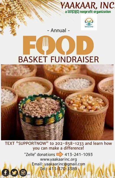 YAAKAAR, INC. annual food basket fundraiser flyer with woven baskets of dry goods and contact details