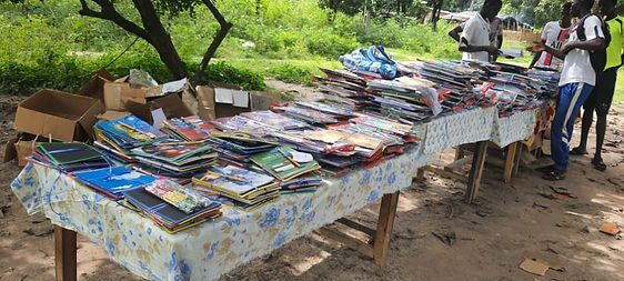 Outdoor market table covered with stacks of colorful books and magazines under trees