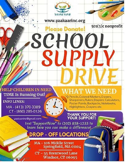 School supply drive flyer with pencils, crayons, notebooks, and backpack; donation details and drop-off locations.