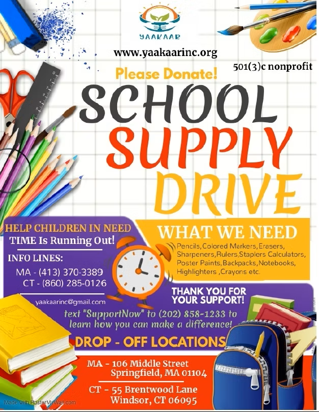 School supply drive donation poster with pencils, backpack, and list of needed items.