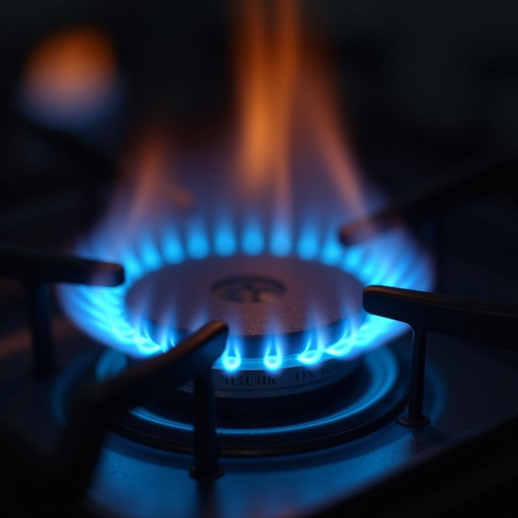 Blue gas flame burning on a black stove burner. Orange tips on the flames.