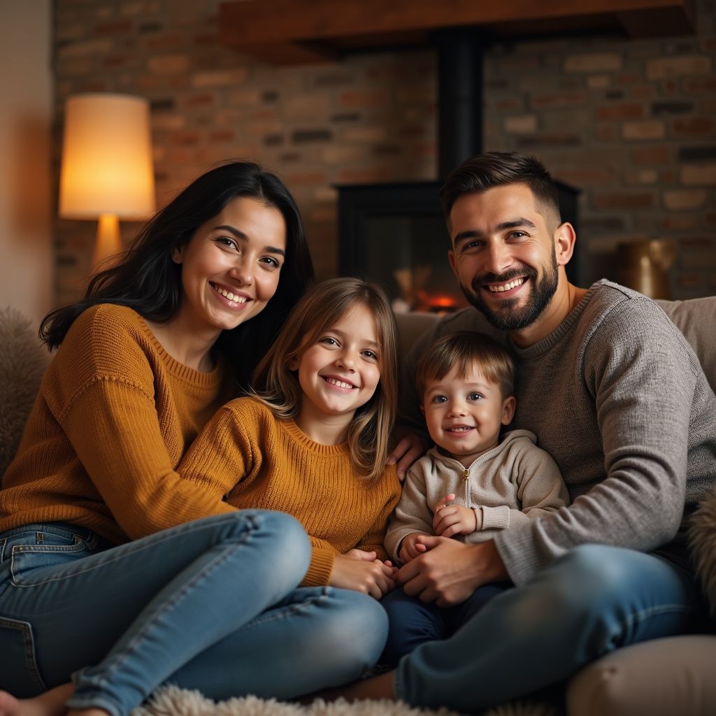 Family smiling and cuddling on a sofa in a living room; a lamp and fireplace are in the background.