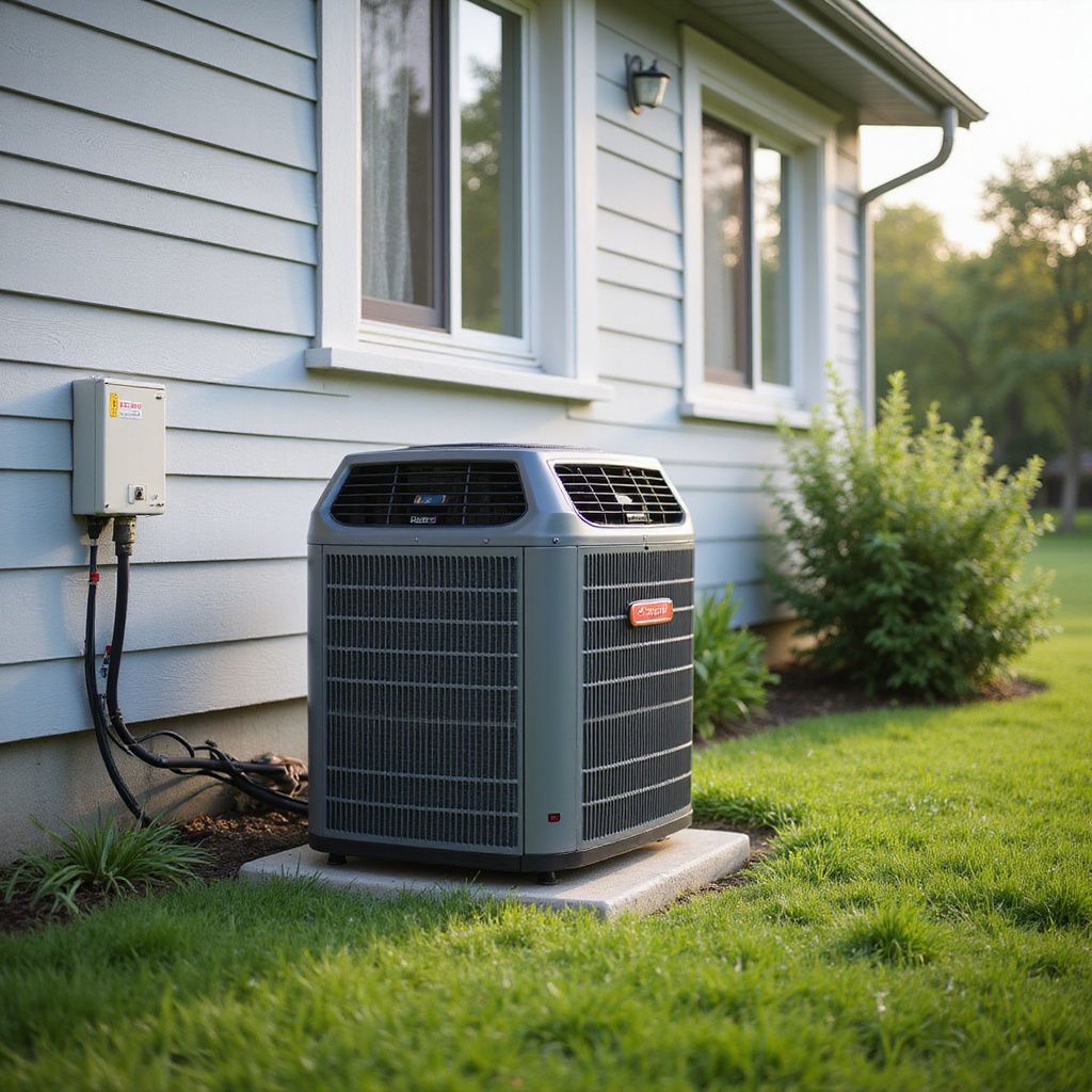 Air conditioning unit next to a house with a white exterior and windows.