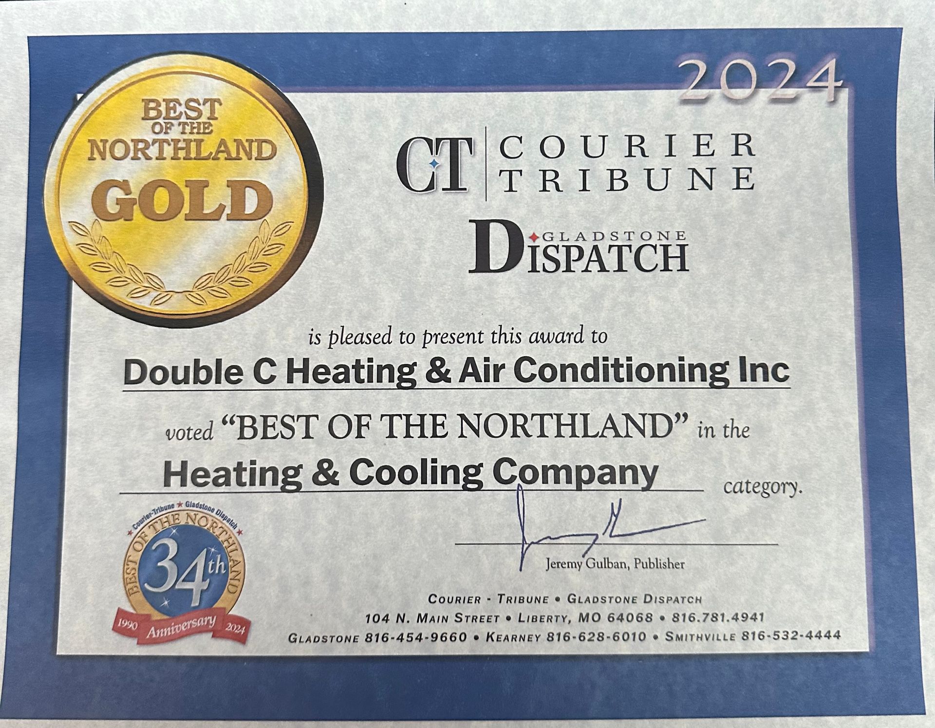 Award certificate for Double C Heating & Air Conditioning Inc.,