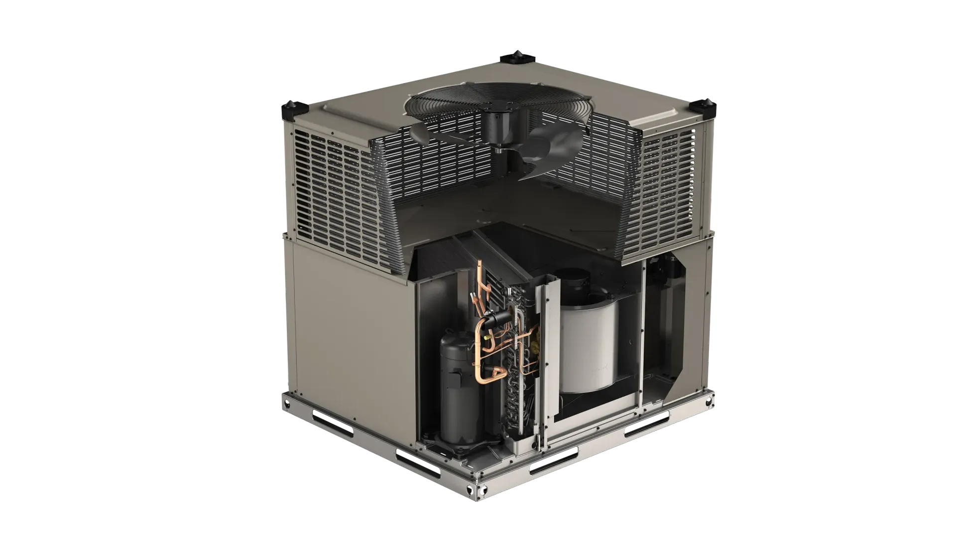 Cutaway view of a HVAC unit with visible internal components.