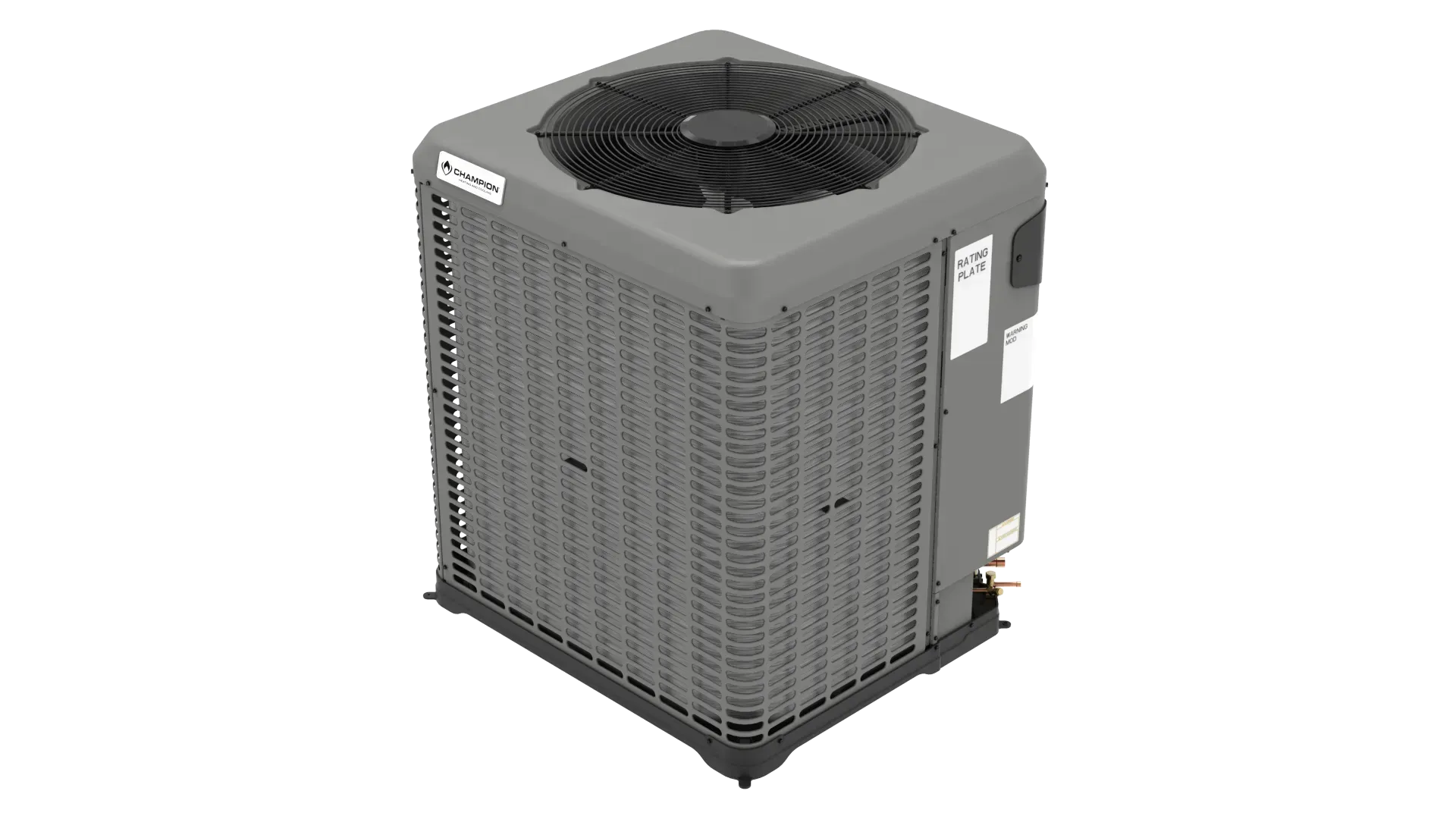 Central air conditioning unit with gray exterior, black fan, and side panels.