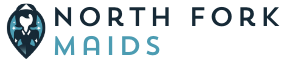The logo for north fork maids is a blue and black logo with a heart.