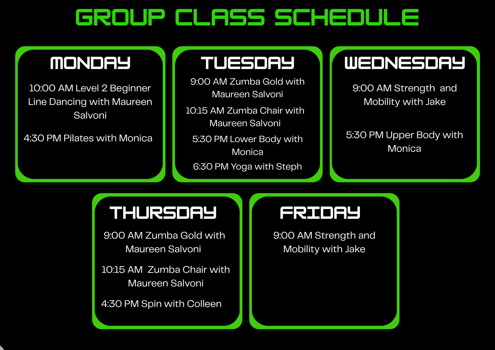 Group class schedule for June, with classes like yoga, Zumba, and strength training.