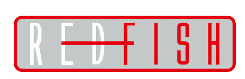 Logo di Redfish, il testo è in bianco e rosso all'interno di un rettangolo grigio arrotondato contornato in rosso.