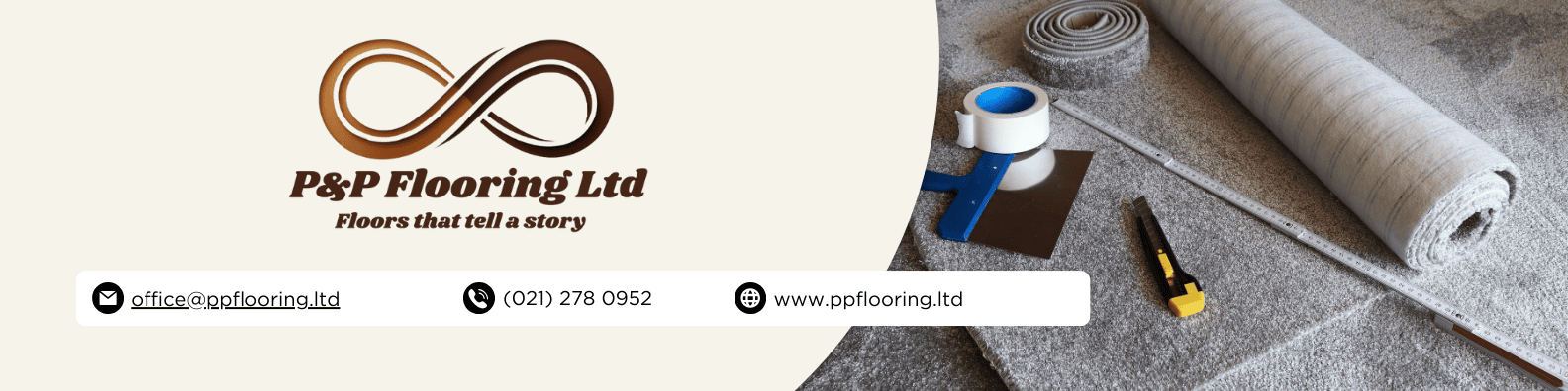 P&P Flooring Ltd logo with flooring tools: tape, knife, and rolled flooring.