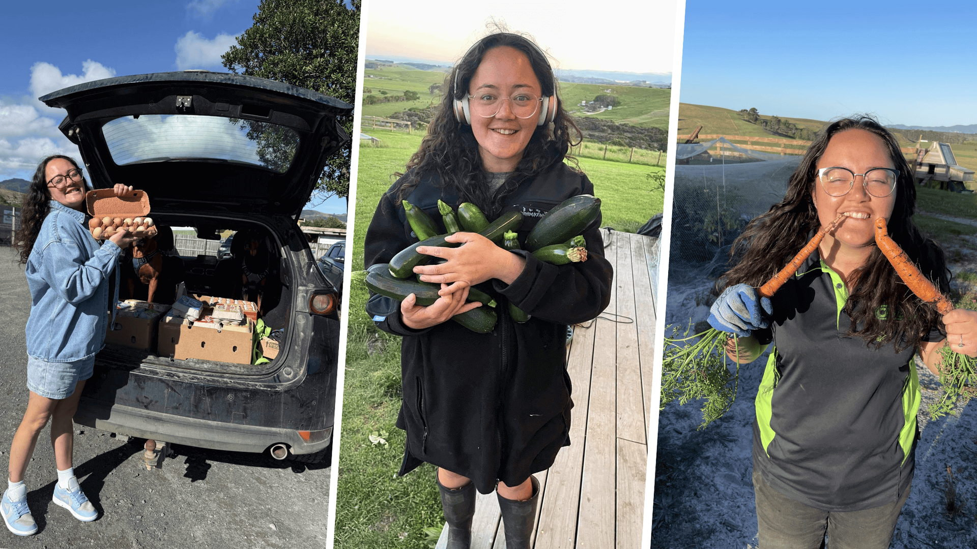 Woman holding produce: a car with vegetables, zucchini, and carrots with a smiling expression in an outdoor setting.