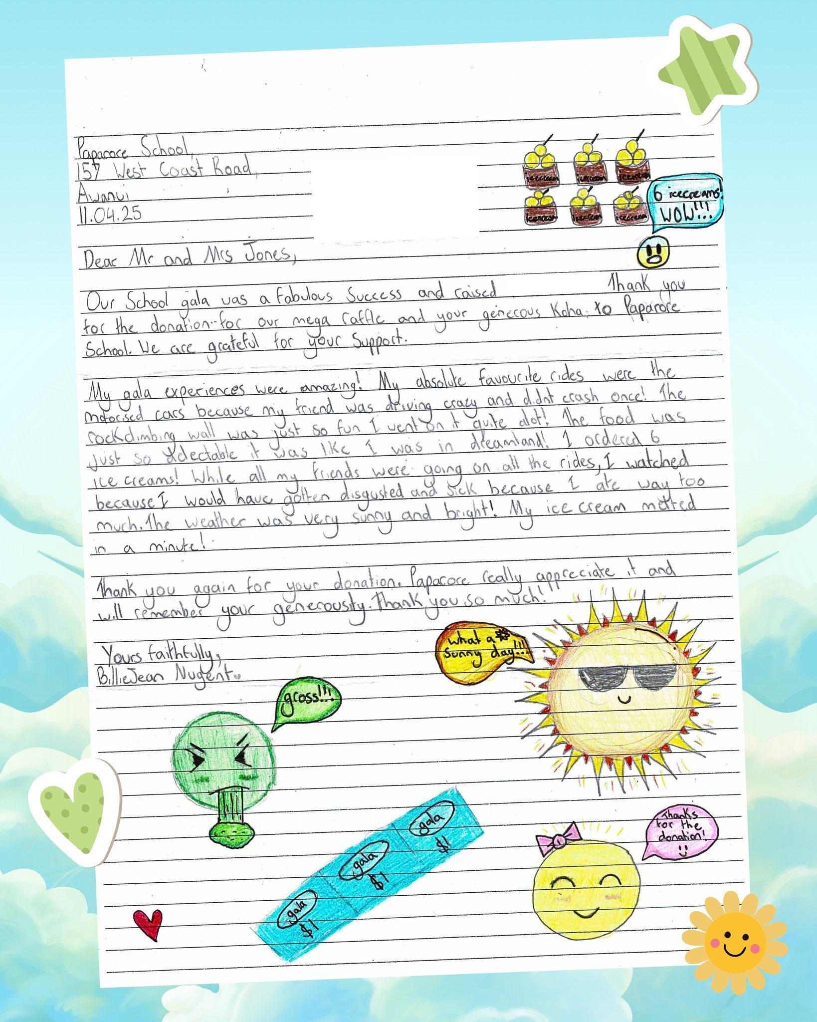 Handwritten letter with doodles of suns, an earth, and treats on a blue patterned background.